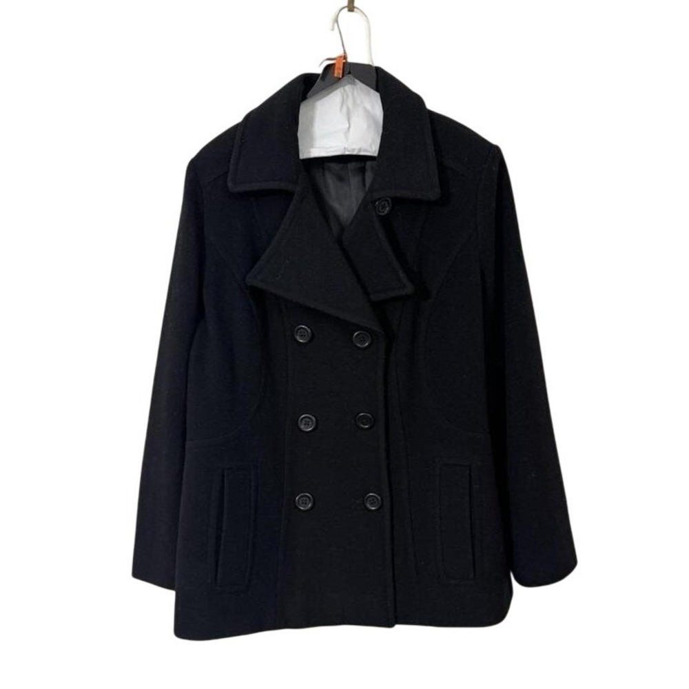 Anne Klein Women's Wool Peacoat Black L Double Breasted 80% Wool
